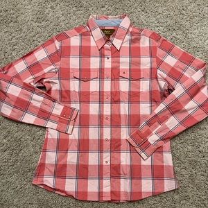 Aura by Wrangler Snap Button Western Shirt in Salmon Pink and Blue Plaid, Med.